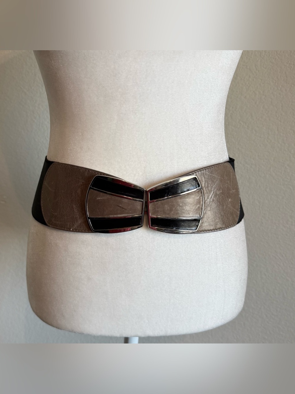 Lodis Leather Black Taupe Wide Elastic Waist Belt Silver Enamel Accent Buckle